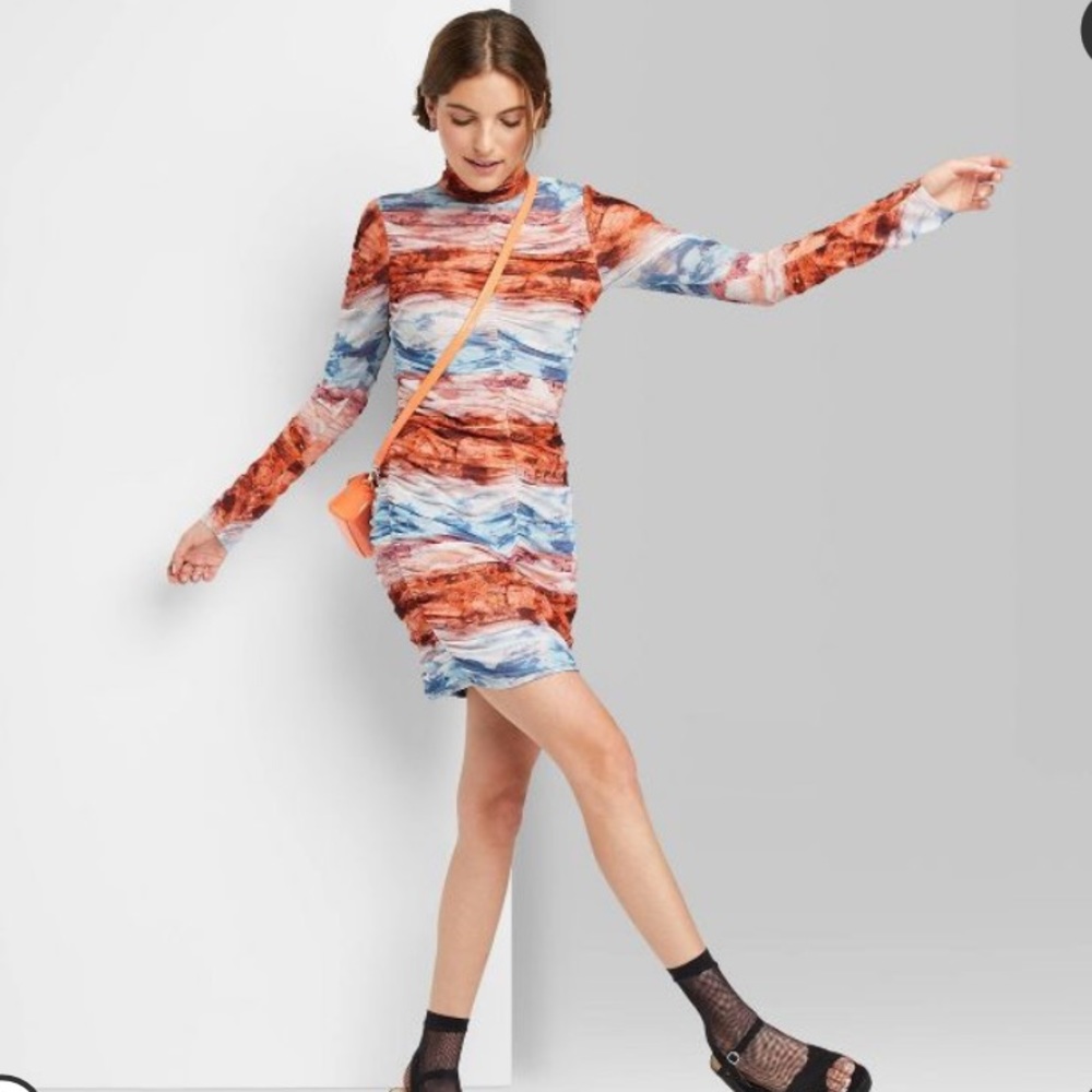 🌊 NWT Wild Fable Long Sleeve Blue Rust Tie Dye Printed Tulle Mesh Dress | S